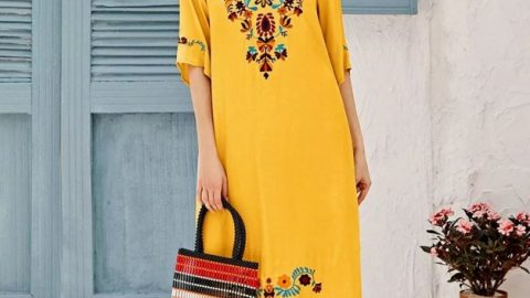 افضل فستان زعفراني نص كم بالرياض طويل توفره 5 محلات