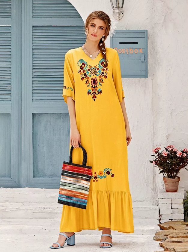 افضل فستان زعفراني نص كم بالرياض طويل توفره 5 محلات